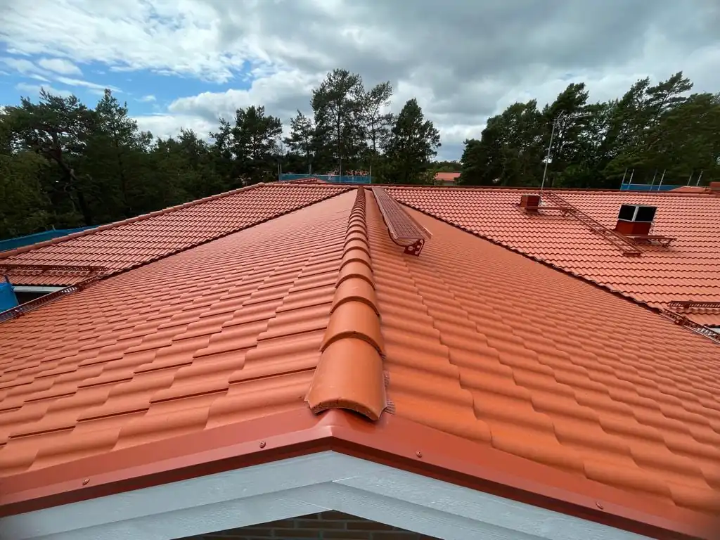 Valmat tak med nylagda röda tvåkupiga betongpannor och nockpannor